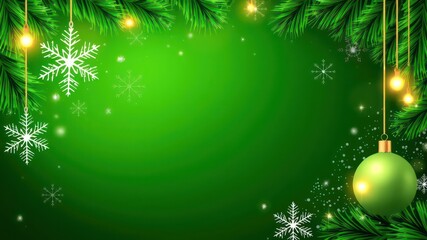  Festive Green Holiday Background with Ornaments and Snowflakes