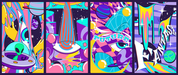 Groovy space poster collection - psychedelic alien UFO scenes, eyes, planets surfaces. Futuristic rocket ships, spiral galaxy backgrounds. Vibrant retro banners, trippy universe journey prints. © klyaksun
