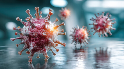 3D Virus Representation with Floating Microorganisms a high-resolution, conceptual visual design ideal for use in digital media, stock content, or educational and marketing applications.