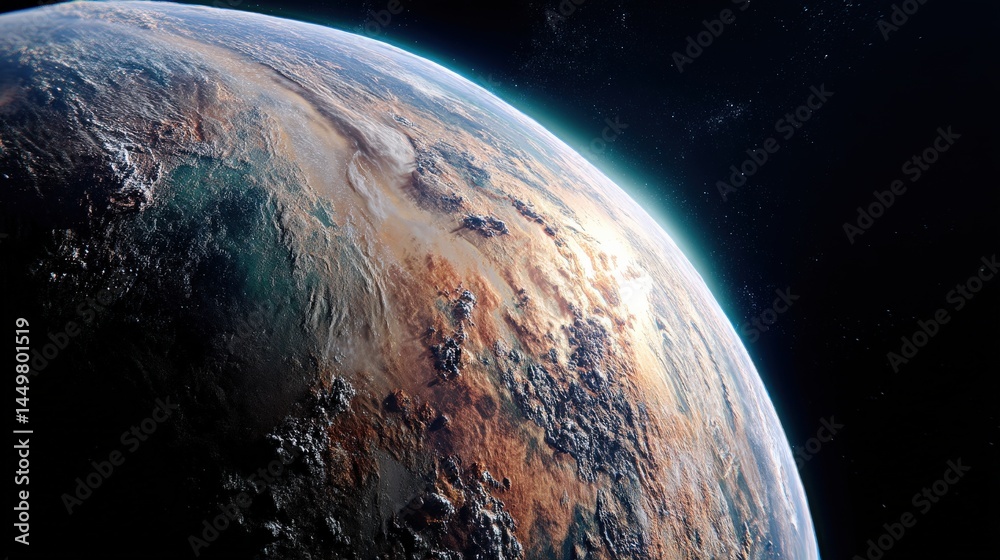 Wall mural stunning view of a planet's surface from space, showcasing a diverse terrain with earthy tones and a