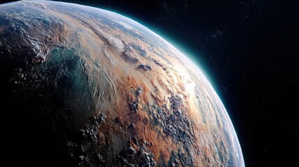 Stunning view of a planet's surface from space, showcasing a diverse terrain with earthy tones and a hint of teal. The atmosphere glows a vibrant turquoise.