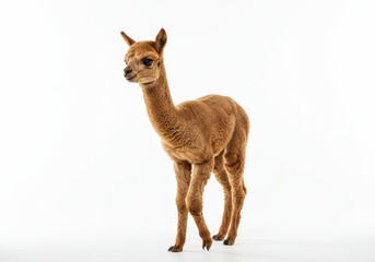 Fototapeta premium Young brown alpaca standing on a white background, looking to the left with soft, curly fleece