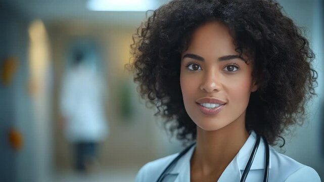 A healthcare professional, radiating warmth and expertise, smiles confidently amidst the ambiance of a modern hospital setting, embodying health and care.