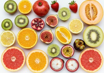 Assortment of colorful sliced fruits including citrus, kiwi, melon, pomegranate, fig, strawberry, and mangosteen on a white surface