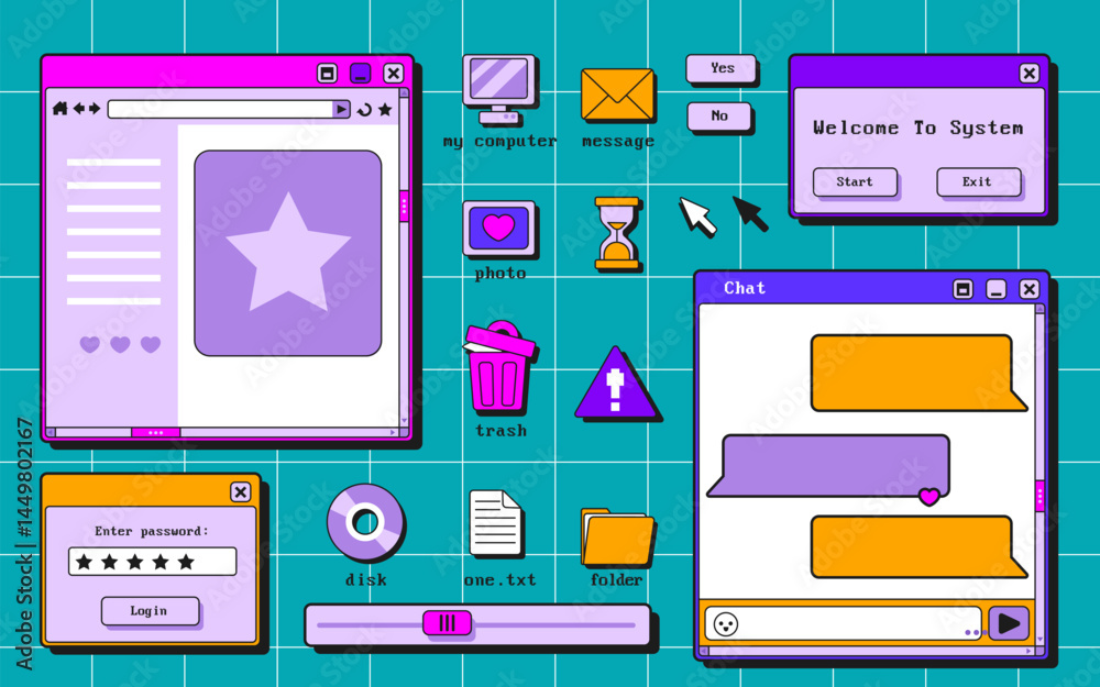 Poster retro user interface windows set - login form, welcome screen, chat box, message dialogs and folder 