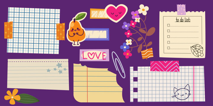 Cute colorful hand drawn memo sticky notes - lined ruled notepaper sheets, checklist, smiling character drawings, flowers and leafy branches. Decorative sticker elements for bullet journal planners.