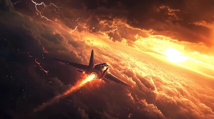 Fiery jet traversing a dramatic sunset sky.
