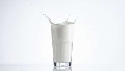 Glass of Fresh Milk Splashing Mid-Air with Droplets on Isolated White Background