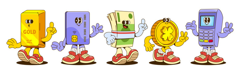 Money retro character set - cheerful gold bar mascot, joyful credit card figure making peace sign, colorful banknotes with smiling face, coin personality flashing victory poses, standing pos terminal.