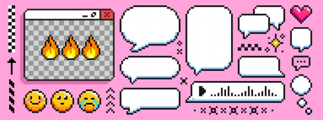 Pixel speech bubble set - retro 8 bit style chat box shapes and emoticon icons on pink. Square text boxes, round talk bubbles, fire flames, sparkles and hearts. Cute nostalgic 90s interface elements