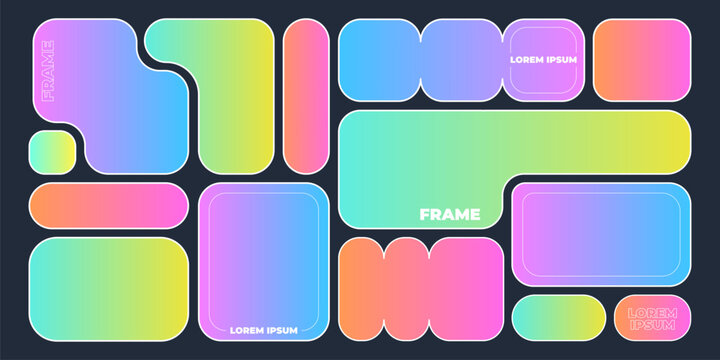 Colorful bento shape frames collection - rounded rectangle blocks, neon gradient borders. Bright holographic liquid colors backgrounds. Trendy abstract graphic templates, ui elements, web page design.