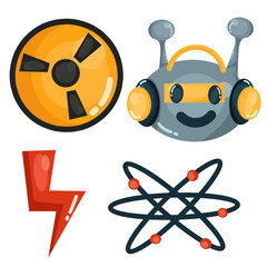 sticker sheet illustration of electrical and robotic elements and hazard warning symbols