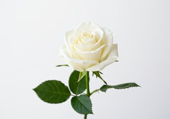 Fototapeta premium Elegant white rose with green leaves isolated against a clean, bright white background for a classic floral portrait