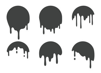 Icon of molten circle with drip collection - black liquid paint drops flowing down round shapes, melting silhouettes with various dripping patterns. Circular designs grunge style compositions.