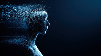 Blue Silhouette Face Dissolving into Particles a high-resolution, conceptual visual design ideal for use in digital media, stock content, or educational and marketing applications.