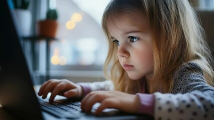Young child focused on computer screen while typing at home in a cozy environment during the day