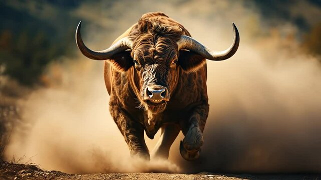 Powerful bull charging forward in a dynamic action shot, symbolizing strength and determination