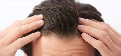 A man is massaging his head with both hands, showing signs of hair loss and thinning on the top