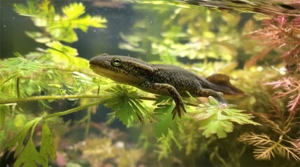 Naklejka premium Juvenile Smooth Newt (Lissotriton vulgaris) Resting on Aquatic Plants