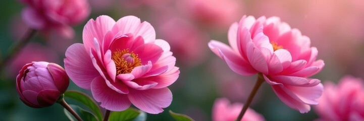 Obraz premium Luscious pink peonies, full bloom, vibrant backdrop, macro, bloom background
