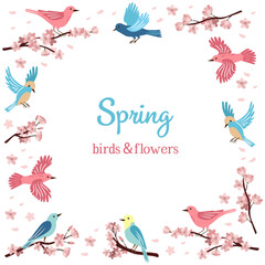 Spring birds and flowering branches.  Frame for invitation, postcard or social media post.
