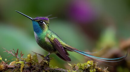 Obraz premium Vibrant Purple-crowned Woodstar Hummingbird, Long Tail Feathers, Moss Perch