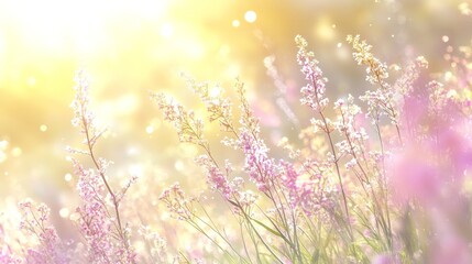 Soft Sunlight Through Meadow Grasses, Romantic Dreamlike Nature Background, Spring or Summer Season