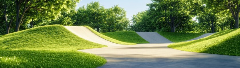 Serene Outdoor Park Landscape with Smooth Pathways Surrounded by Lush Green Grass and Vibrant Trees