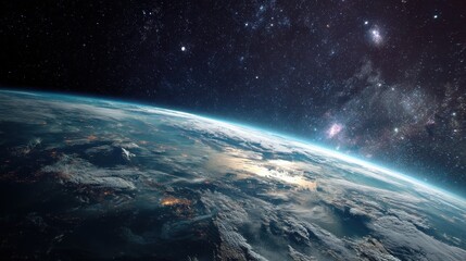 Fototapeta premium Stunning view of Earth from space, showcasing the planet's beauty and the vastness of the cosmos. A breathtaking spectacle of swirling clouds and twinkling stars.