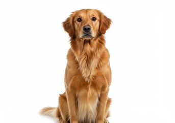 Obraz premium Golden retriever sitting attentively on a white background looking directly at the camera