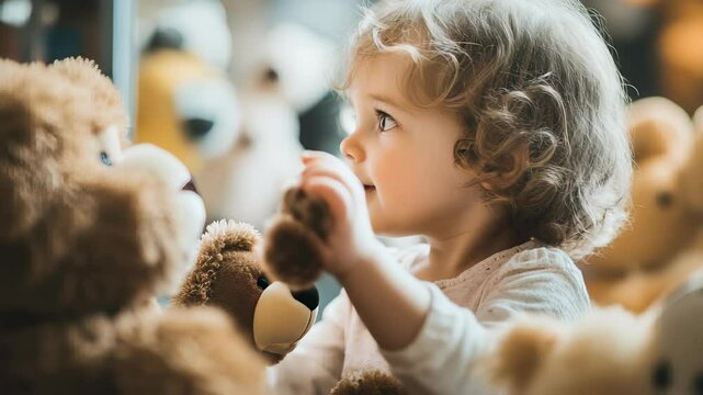 Curly-haired child enjoys playing with stuffed animals in a warm indoor setting