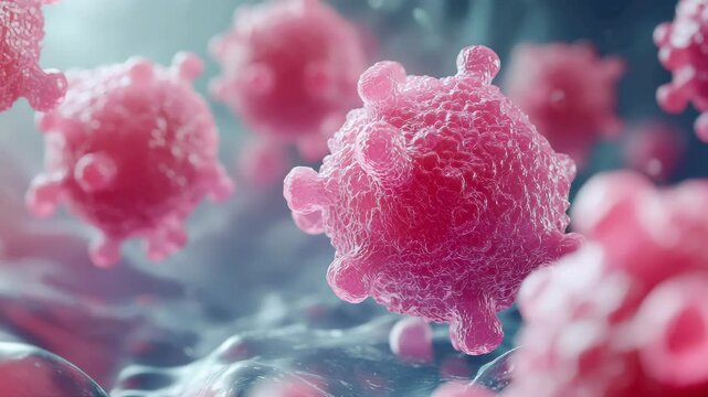 A highly detailed microscopic view of streptococcus cells in vibrant pink hues, emphasizing microbiology and science visuals