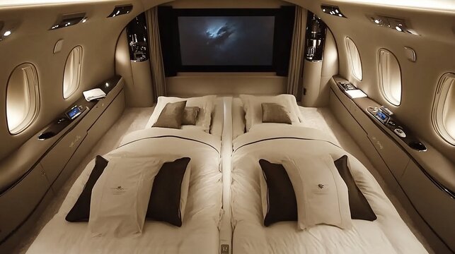 Luxurious private jet bedroom.  Two beds,  entertainment system,  and high-end finishes