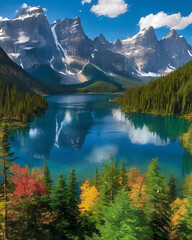Obraz premium lake, mountain, trees, forest, water, nature, sky, outdoors, hills, green trees, blue water, calm lake, quiet place, peaceful, natural view, pretty scene, reflection, clear lake, tall trees, mountain 