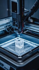 3D printer creating prototype with transparent resin inside futuristic workspac