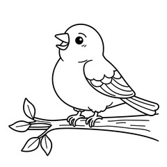 Happy bird singing on a branch in a coloring book illustration  