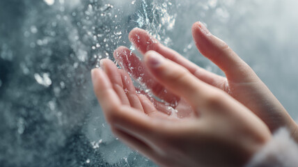 Fototapeta premium Close-Up of Womanâs Hands in Flowing Water Stream a high-resolution, conceptual visual design ideal for use in digital media, stock content, or educational and marketing applications.