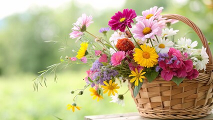 A basket of freshly picked wildflowers in vibrant colors, set against a blurred green background.