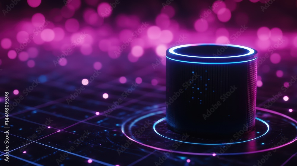 Poster futuristic smart device surrounded by dynamic neon lights and sparkling bokeh effects in a tech-insp