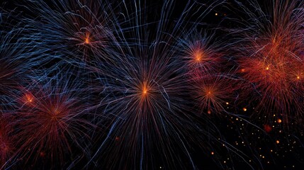 Fototapeta premium Vibrant fireworks explode in the night sky, illuminating the darkness with bursts of blue, orange, and red.
