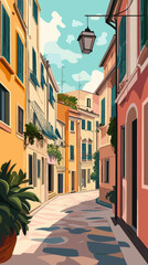 Fototapeta premium Vintage Italy Street Scene in Retro Vector Style for Summer Travel Posters