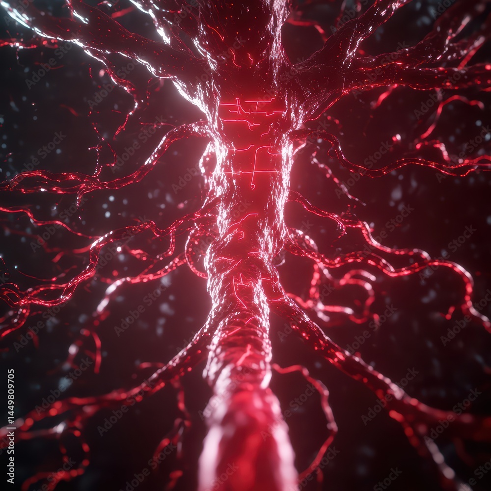 Poster abstract representation of neural pathways with glowing red highlights in a dark background
