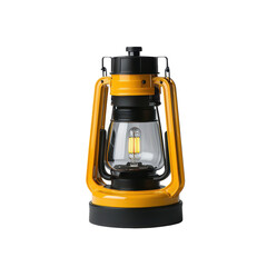 Naklejka premium Durable portable yellow lantern with glass lens and adjustable handle for camping outdoor hiking emergency power outage illumination on transparent background