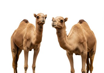 Two dromedary camels standing side by side isolated against a white background in a studio shot