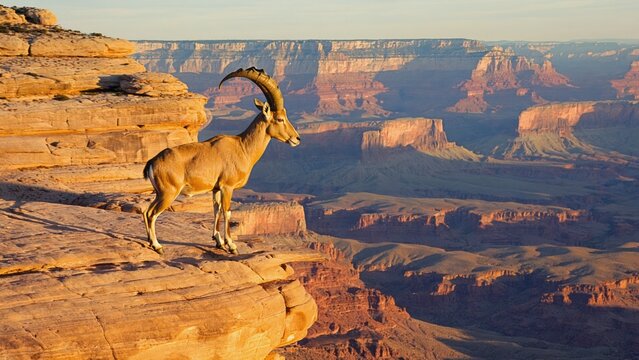 Ibex standing on narrow cliff edge above vast desert canyon Vertical tension,