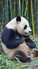 Panda sitting in bamboo forest munching leaves with relaxed posture Calm energ