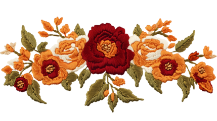 floral embroidery design with red and yellow flowers isolated png transparent cutout