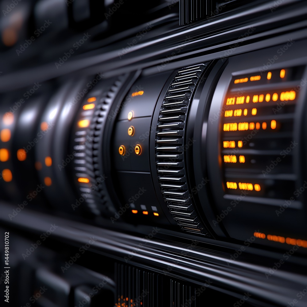 Poster close-up view of advanced digital control panel with illuminated buttons and display for futuristic 