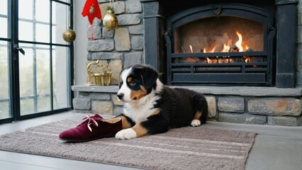 Puppy chewing slipper beside fireplace with guilty expression Warm cozy settin