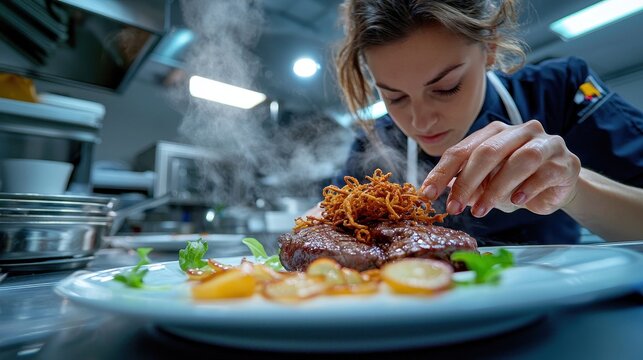 Crispy onion topping being precisely placed on succulent beef steak by chef in navy uniform, steam rising, professional plating technique
